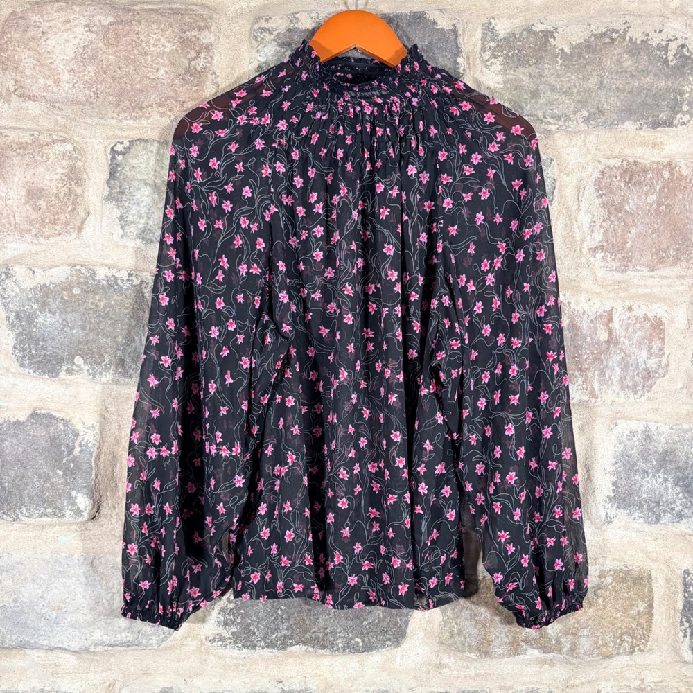 Elizabeth and James Black Pink Floral Smocked Mock Neck Sheer Blouse Large Boho